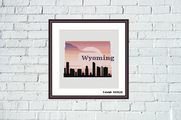 Wyoming USA state map skyline sunset cross stitch pattern