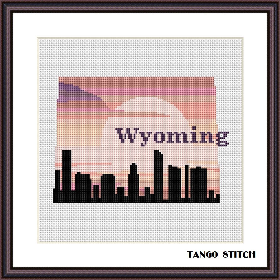 Wyoming USA state map skyline sunset cross stitch pattern