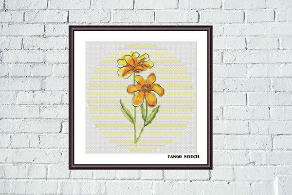 Yellow flower abstract striped cross stitch hand embroidery - Tango Stitch