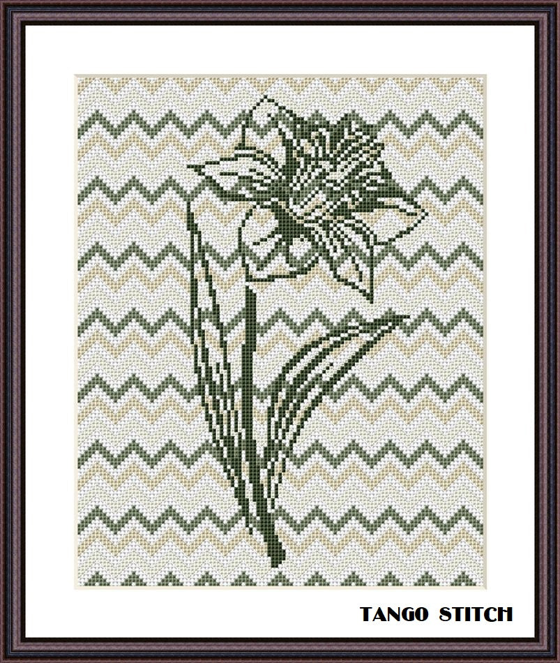 Cute lily flower beige zig zag cross stitch embroidery design